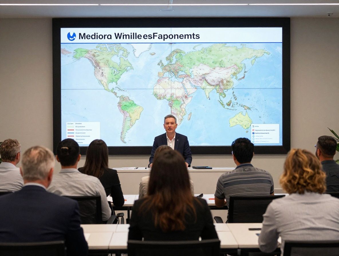 Редакционное совещание в современном офисе Mediora в Майами, группа журналистов обсуждает материал у большого экрана с картами и данными