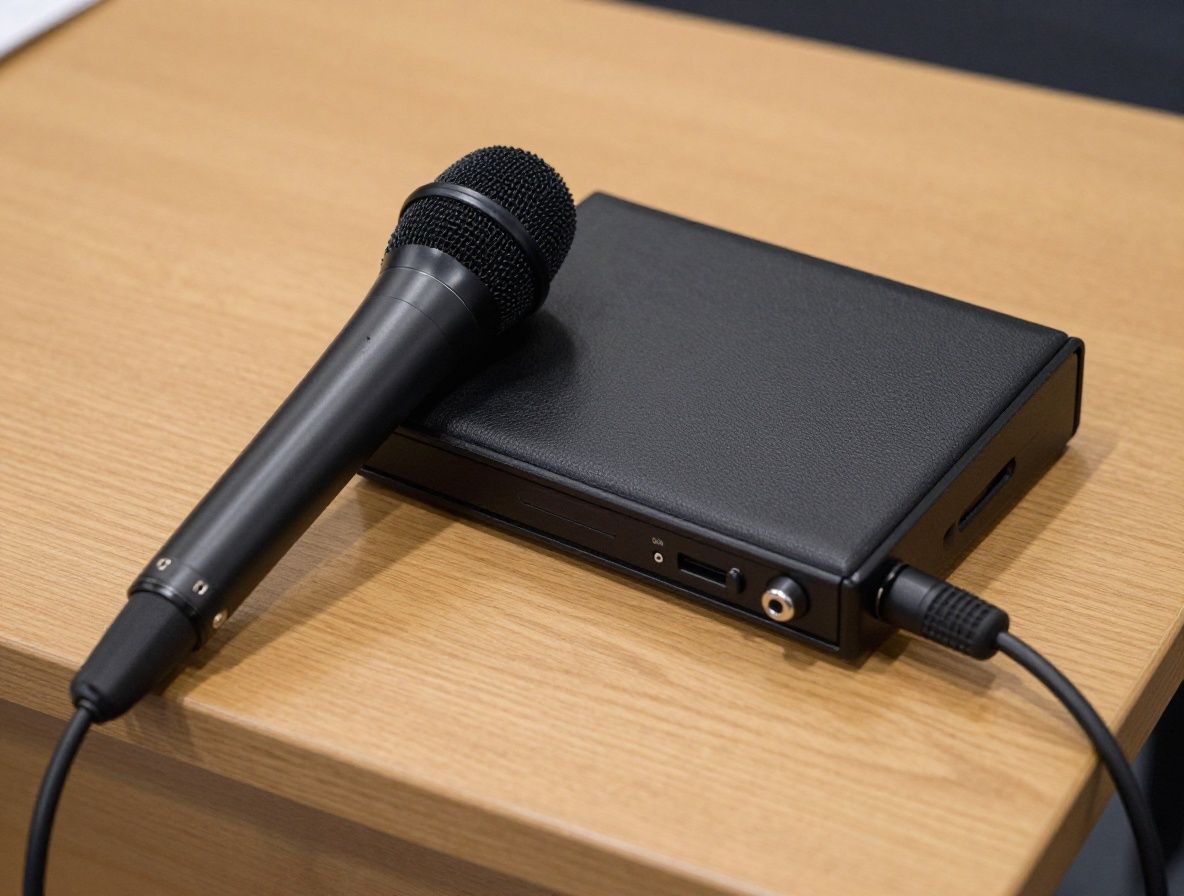 Микрофон и диктофон на деревянном столе редакции, подготовка к интервью в газетной обстановке