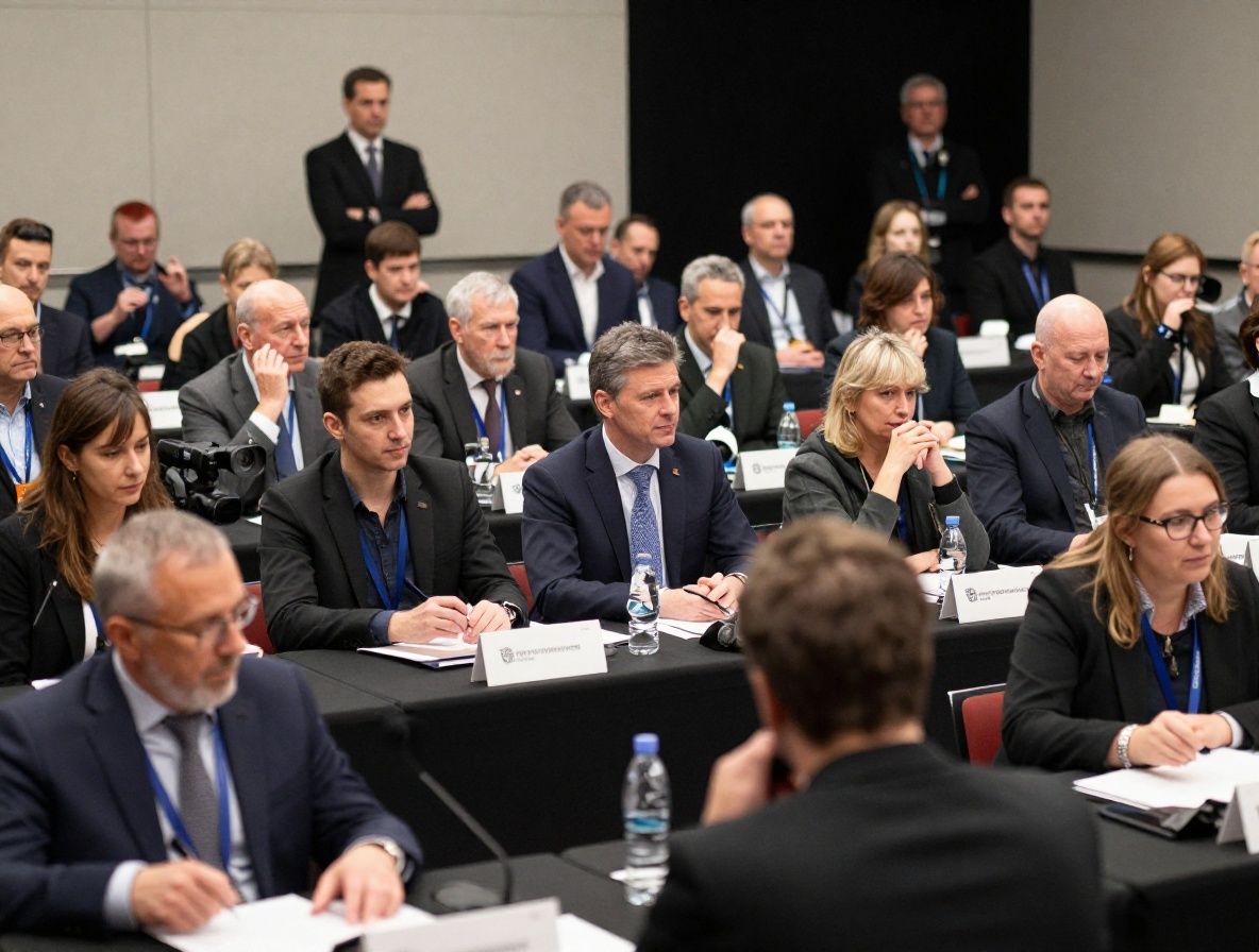 Широкоугольный снимок зала пресс-конференции с журналистами, камерами и микрофонами на трибуне