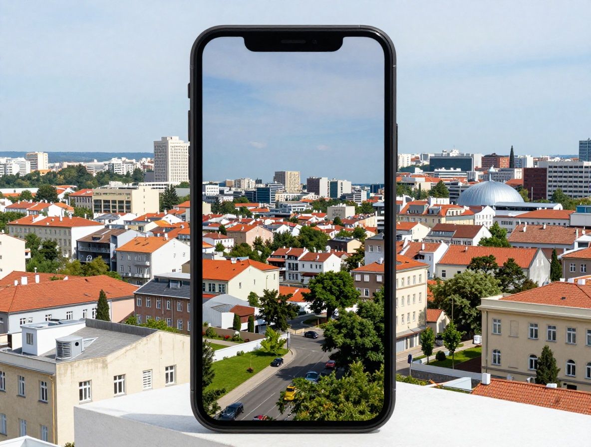 Смартфон показывает новостное приложение с заголовками, на фоне городского пейзажа через стекло