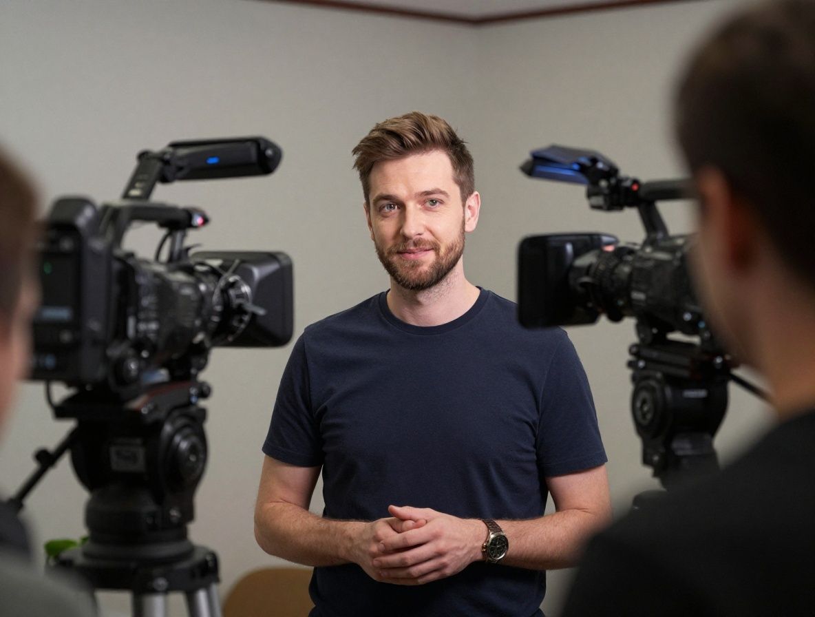 Телеведущий в студии телерадиовещания с профессиональным освещением, камерой и телесуфлёром во время прямого эфира