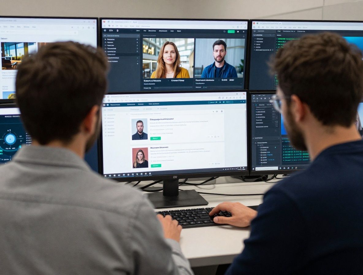 Журналист работает с несколькими мониторами в современной цифровой редакции, анализируя аналитику и данные веб-сайта