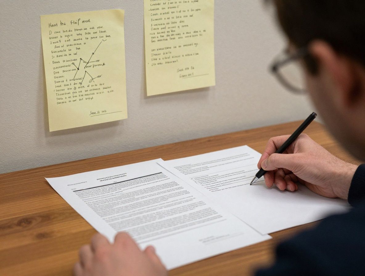 Детектив-журналист изучает документы и распечатки на рабочем столе с картой связей и заметками на стене