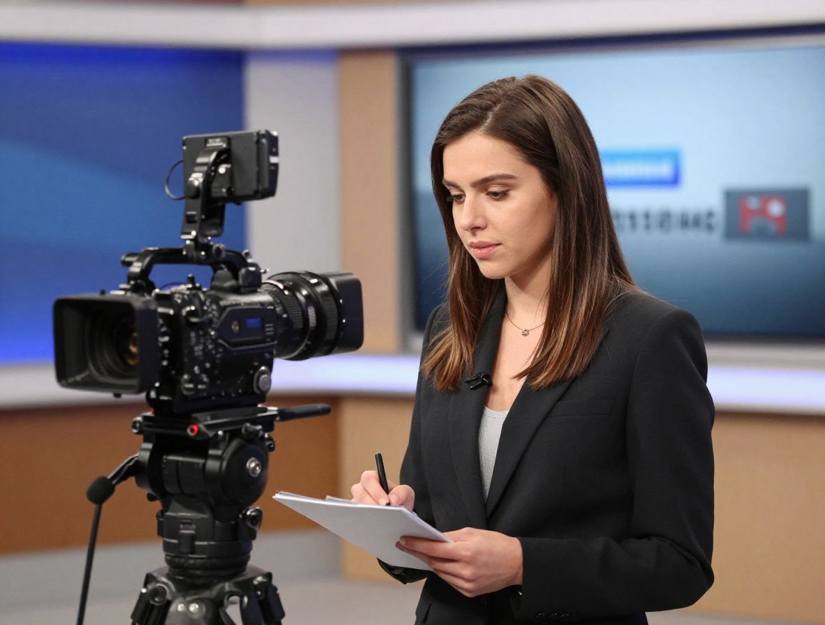 Молодая журналистка записывает репортаж в студии телерадиовещания с профессиональным оборудованием и ярким студийным освещением