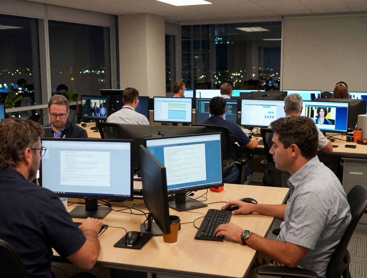 Современный newsroom с рядами мониторов, журналисты работают над экстренными новостями в вечернем освещении, Майами