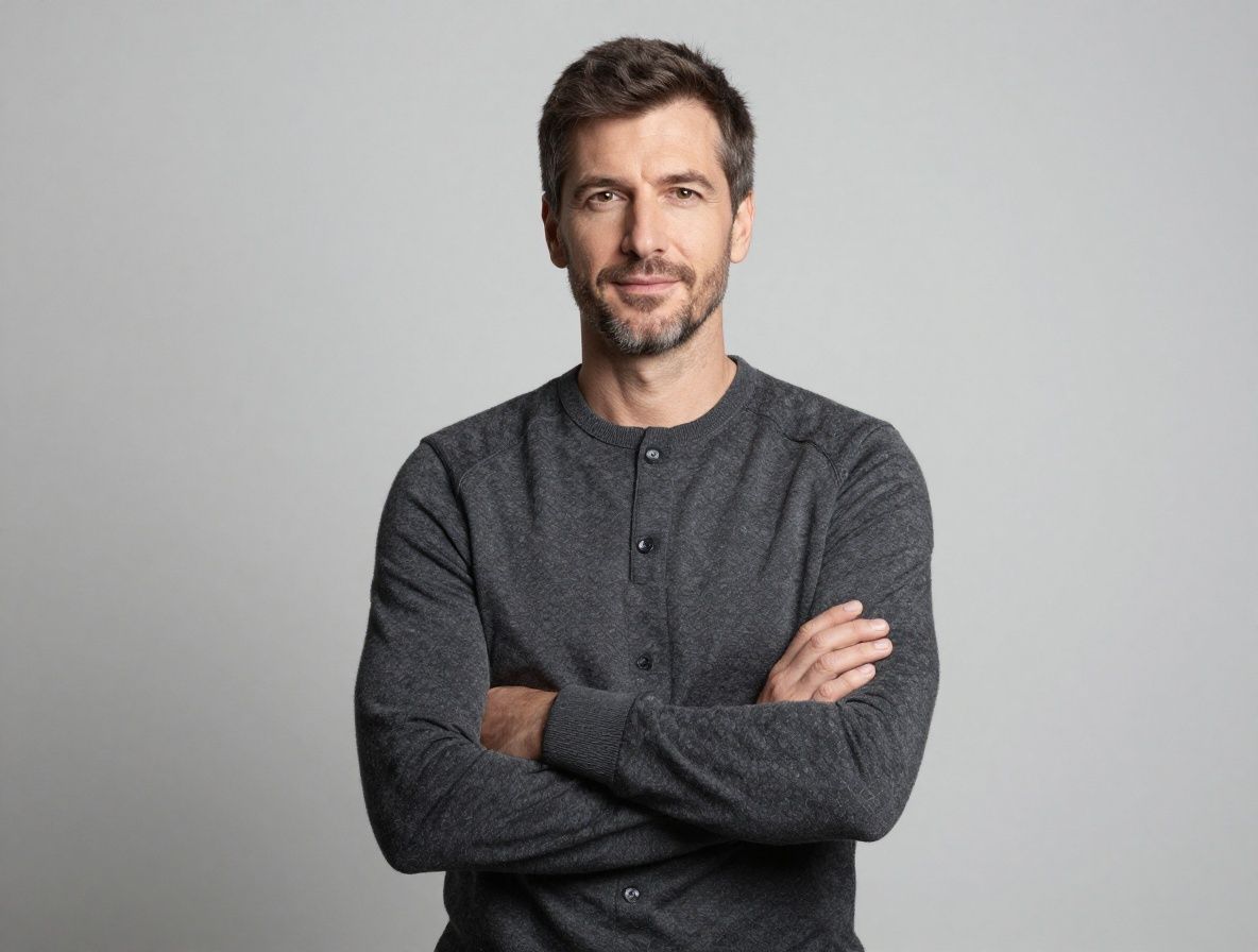 Портрет профессионального журналиста-мужчины средних лет в деловой рубашке, уверенная поза, нейтральный фон студии