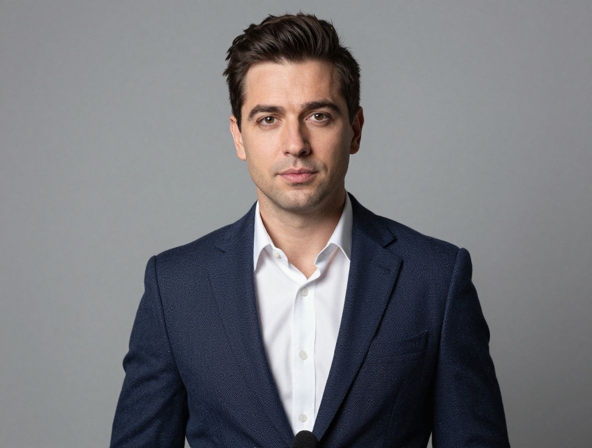 Портрет мужчины-телеведущего в студийном пиджаке с микрофоном, профессиональный взгляд в камеру