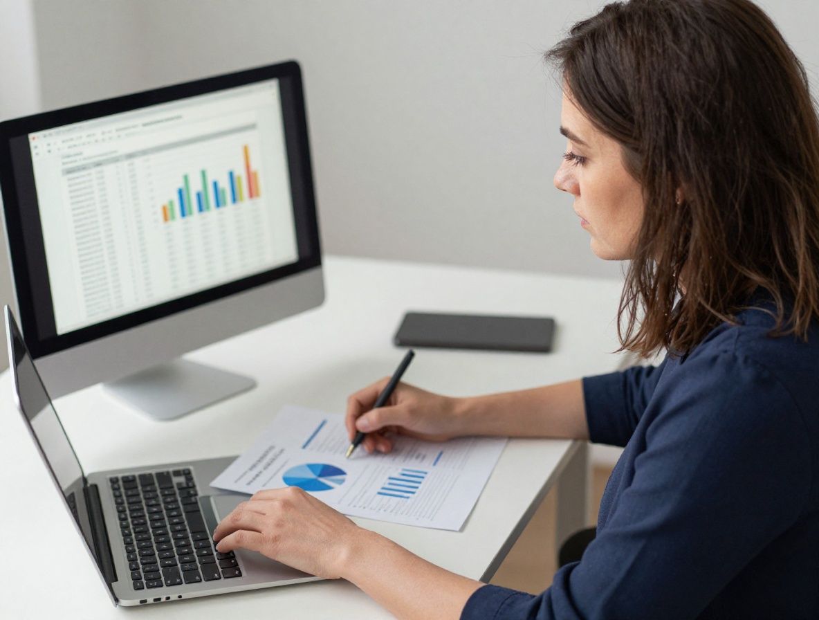 Портрет женщины-журналиста данных за ноутбуком, работает с визуализацией данных и таблицами аналитики